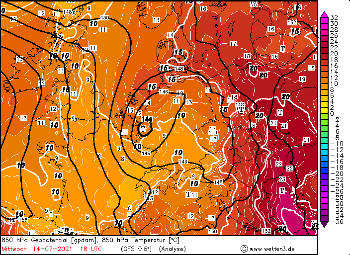 850 hPa hoogtelijnen en temperatuurlijnen